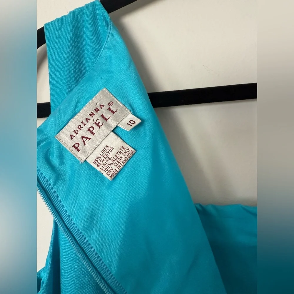 Vintage 80s 90s Adriana Papell Turquoise Fitted Linen Side Tie Gorgeous Dress - Picture 13 of 15